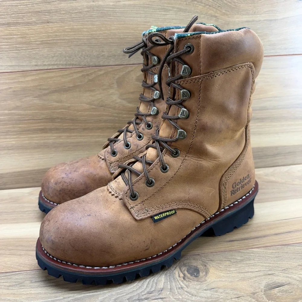 Golden Retriever Steel Toe Waterproof Work Boot Mens 9 D Logger Lug Sole Lace Up